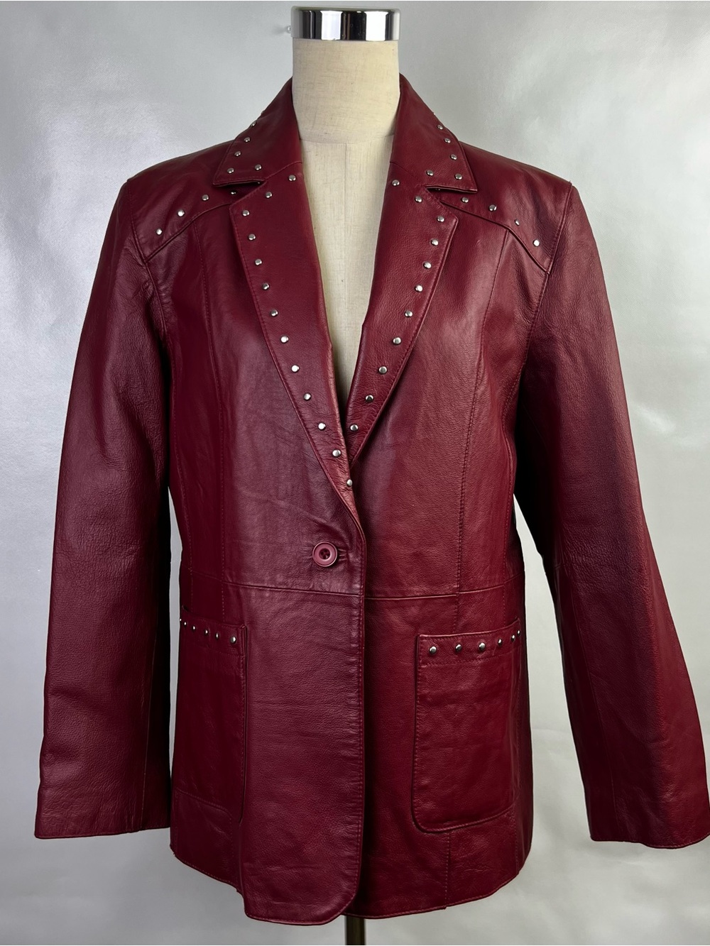 VTG Wilsons Genuine Leather Cherry Red Studded One Button Blazer Jacket Size M